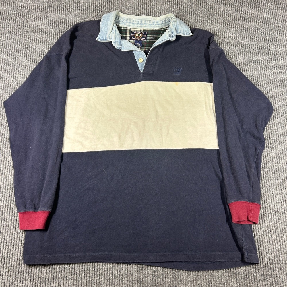 Vintage Duck Head Shirt Men's L Varsity Sports Rugby Navy Denim Collar Stripe - Picture 2 of 7